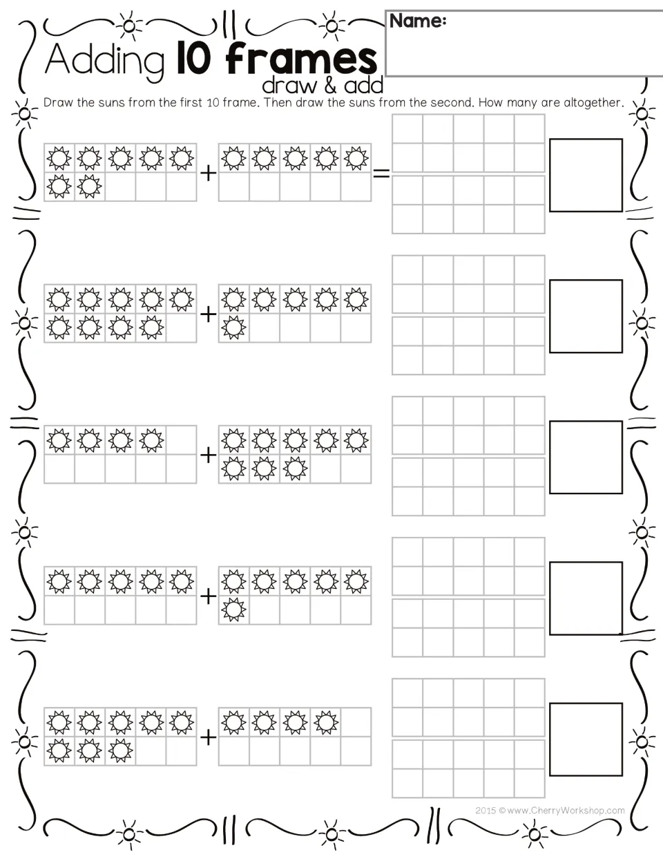 Addition practice page 2: draw suns and solve 7 + 5, 9 + 6, 4 + 8, 5 + 6, and 8 + 4 using ten-frames.