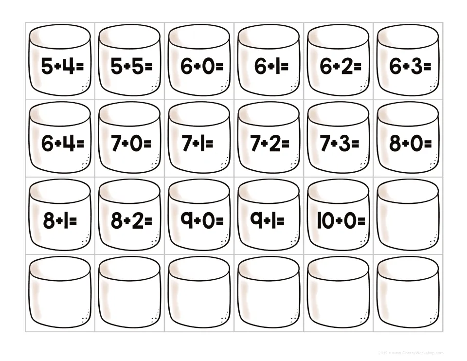 Marshmallow addition cut-out cards from 5+4 to 10+0, with seven blank marshmallows, for matching each sum to a campfire