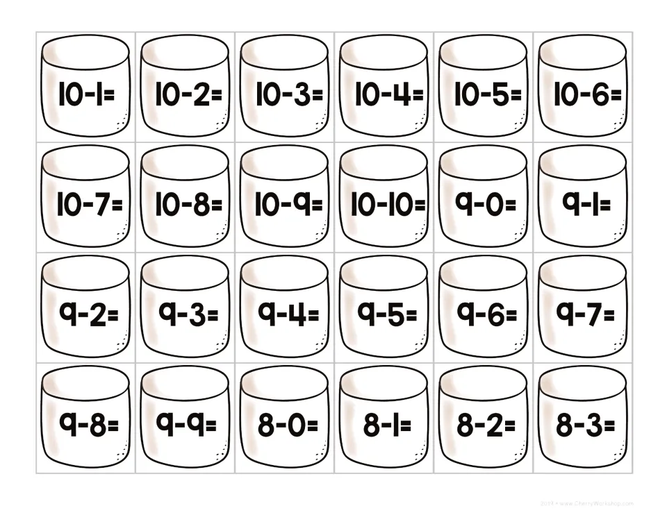 Marshmallow subtraction cut-out cards from 10-1 through 9-9 and 8-0 to 8-3, for solving and sorting onto the matching fire