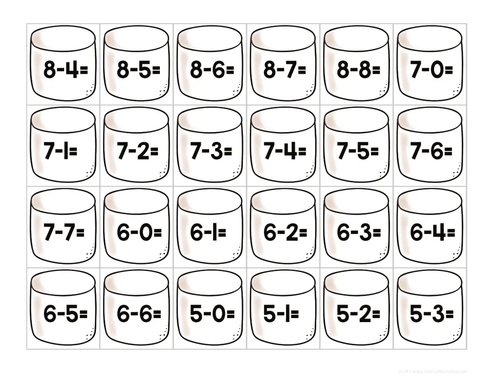 Marshmallow subtraction cut-out cards from 8-4 to 8-8, 7-0 to 7-7, 6-0 to 6-6 and 5-0 to 5-3 for differences practice