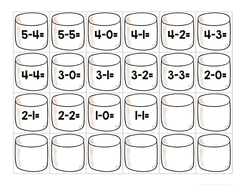 Marshmallow subtraction cut-out cards from 5-4 down to 1-1, plus eight blank marshmallows for writing extra equations