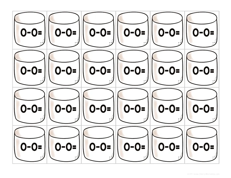 Marshmallow cut-out cards that all read 0-0=, a sheet of 24 identical zero-minus-zero subtraction cards