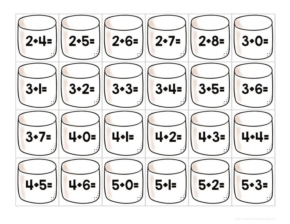 Marshmallow addition cut-out cards from 2+4 to 5+3, first addends 2 to 5, for matching sums to campfire mats