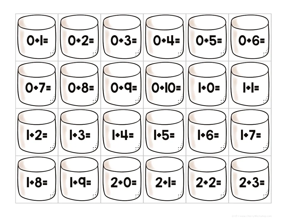 Marshmallow addition cut-out cards from 0+1 to 0+10, 1+0 to 1+9 and 2+0 to 2+3, practising adding zero, one and two