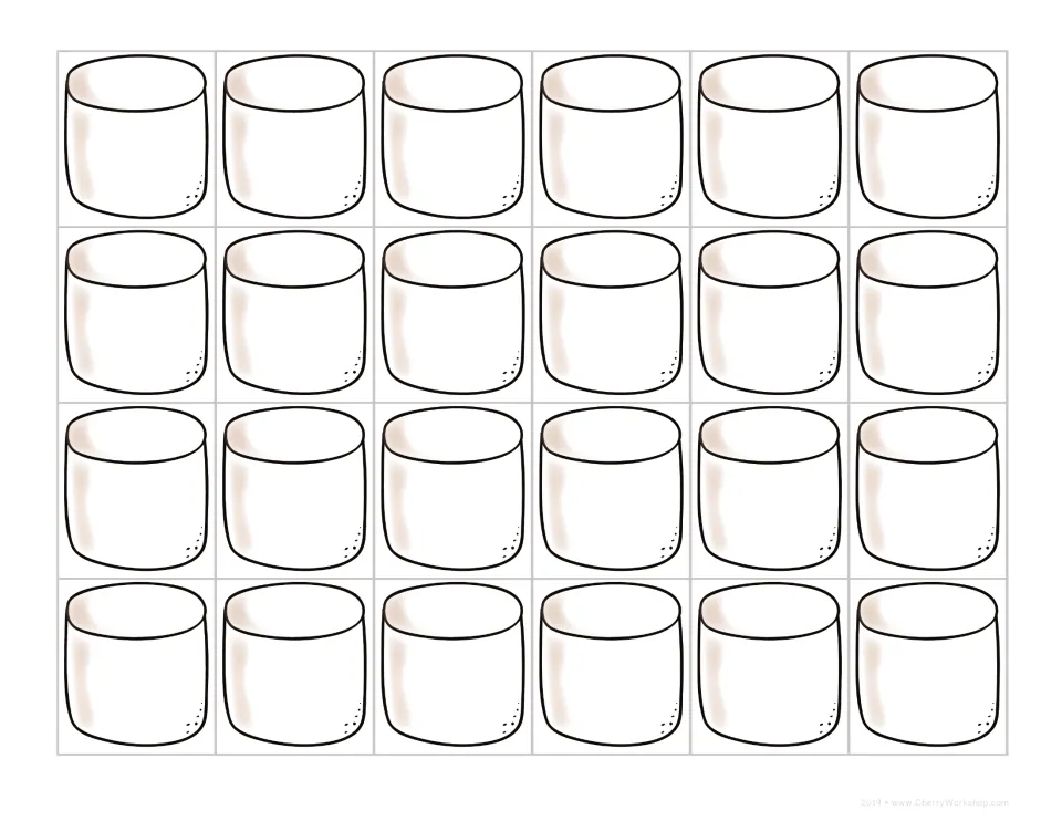 Blank marshmallow cut-out cards, 24 to a sheet, for writing your own addition or subtraction facts to sort onto the fires