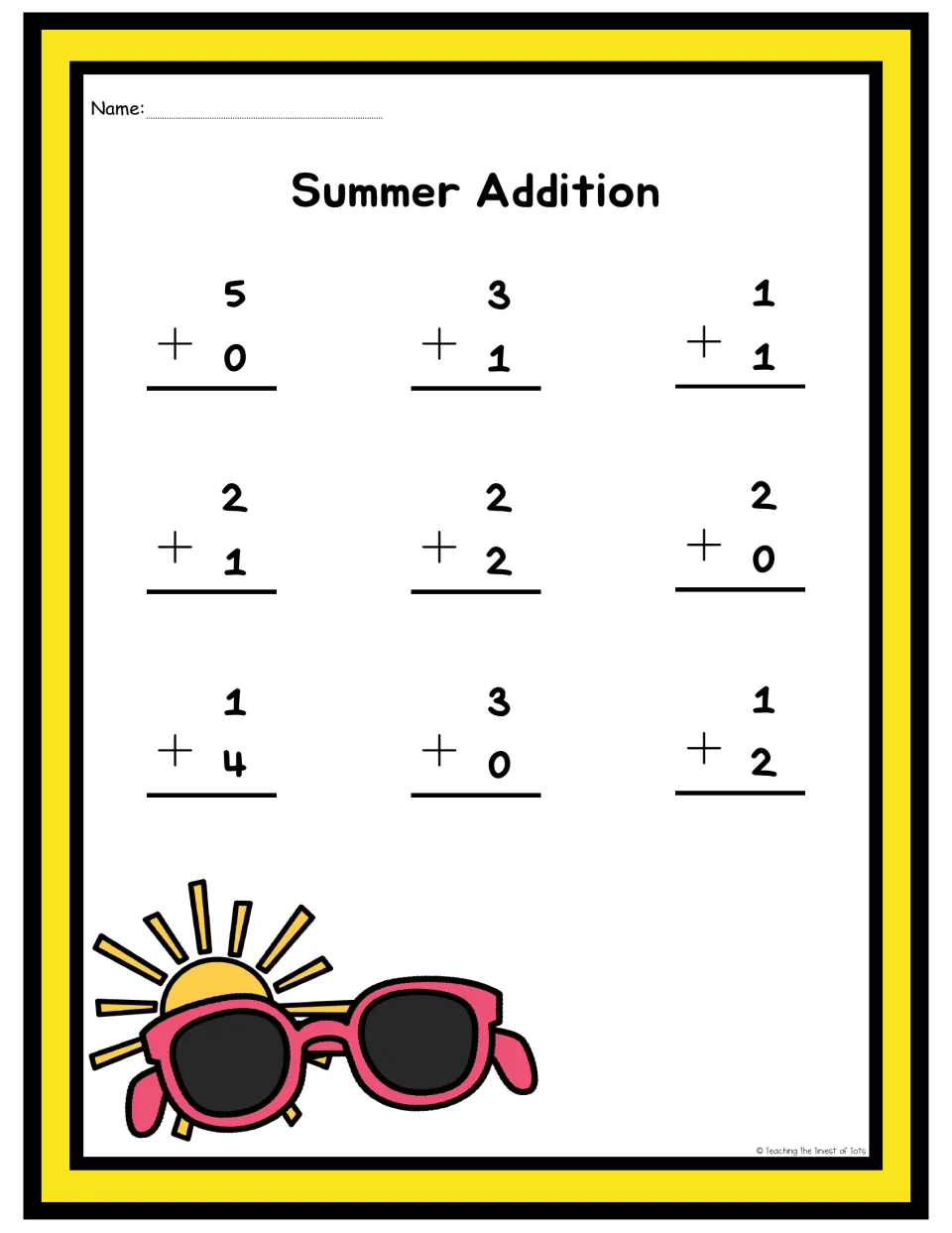 Summer Addition: students solve 9 vertical sums such as 5 + 0, 2 + 2 and 1 + 4, with totals up to 5; sunglasses art