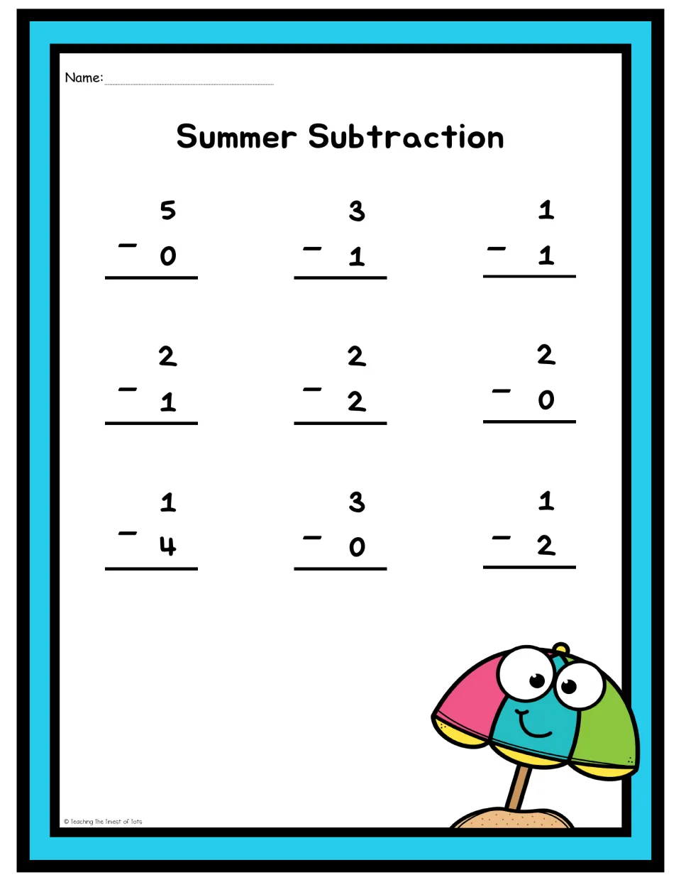 Summer Subtraction: students solve 9 problems such as 5 - 0, 3 - 1 and 2 - 2 using numbers 0 to 5; beach umbrella