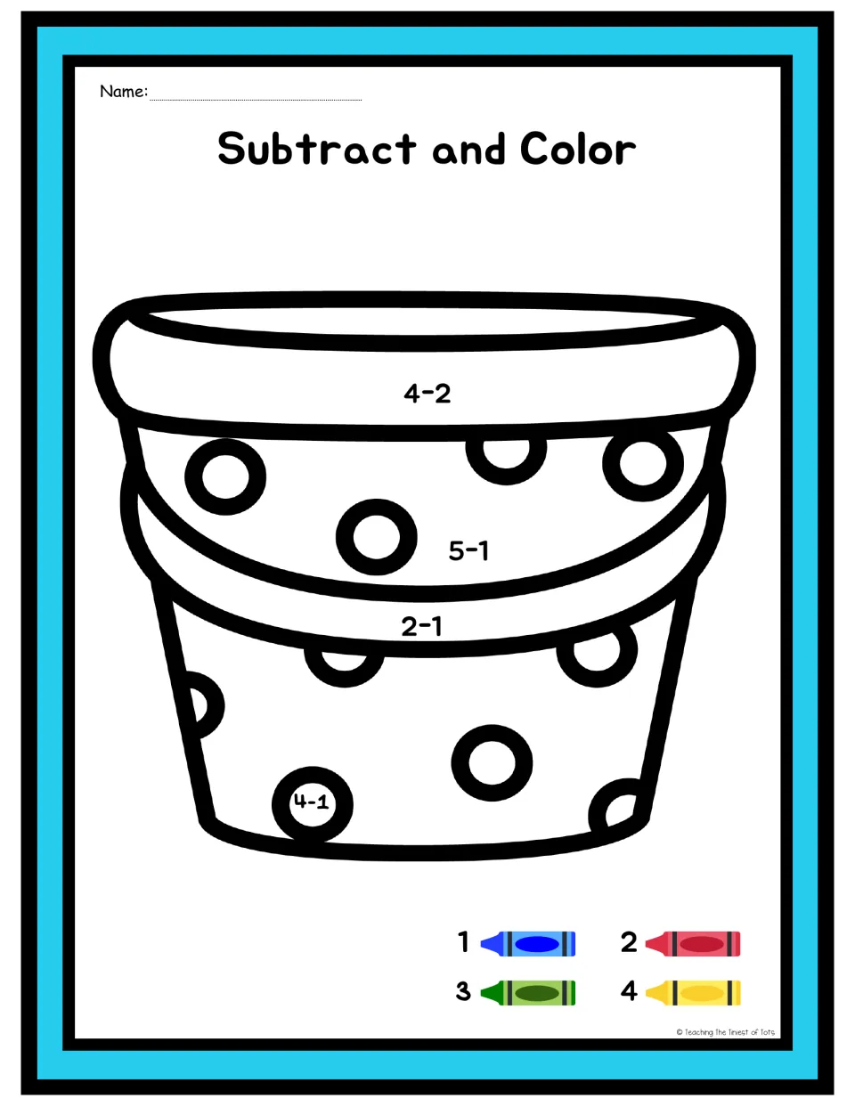 Subtract and Color: students solve 4-2, 5-1, 2-1 and 4-1 on a sand bucket and color each part using a 1-4 crayon key