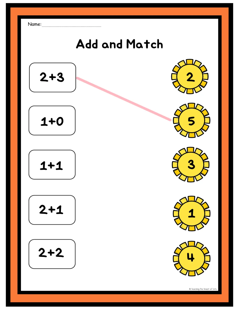 Add and Match: students solve 2+3, 1+0, 1+1, 2+1 and 2+2 and draw a line to the sun with each sum; first match modeled