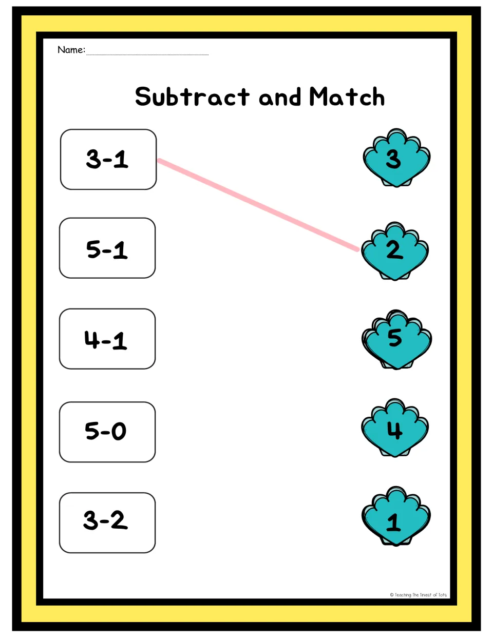 Subtract and Match: students solve 3-1, 5-1, 4-1, 5-0 and 3-2 and draw lines to shells numbered 1-5; one example drawn