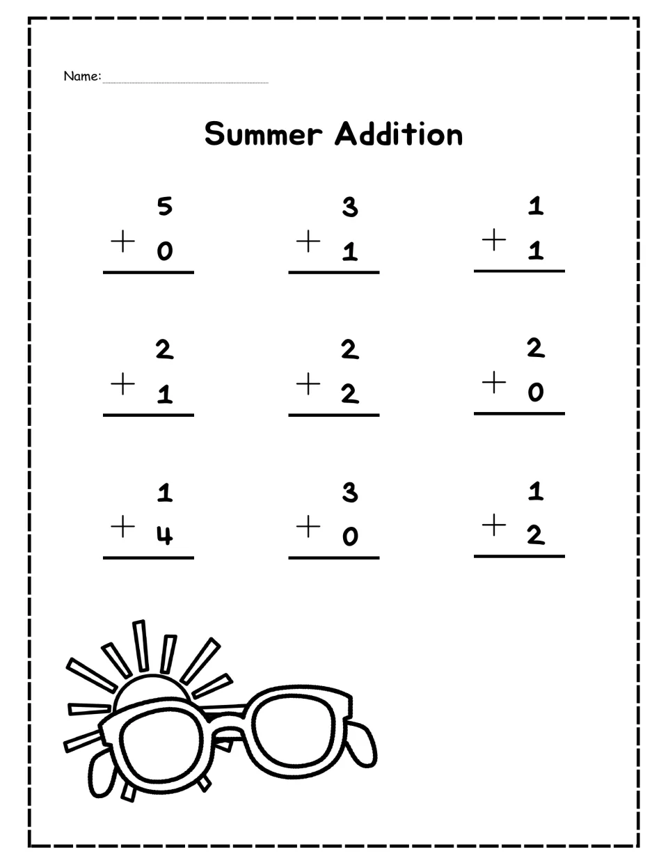 Black-and-white Summer Addition: students solve the same 9 sums to 5, like 3 + 1 and 1 + 2, then color the sunglasses