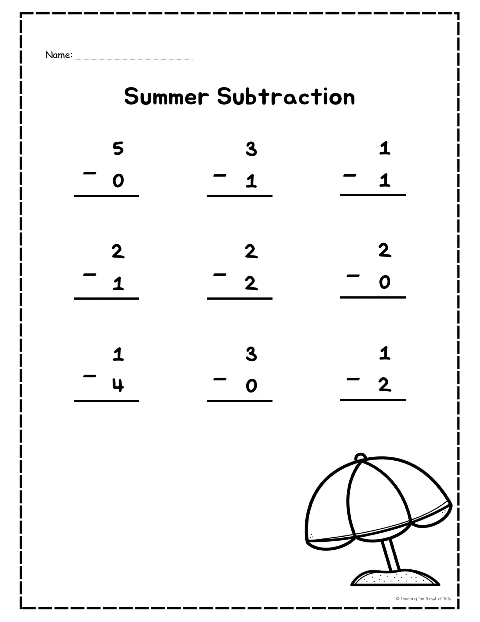 Black-and-white Summer Subtraction: students solve the same 9 problems, like 1 - 1 and 3 - 0, then color the umbrella