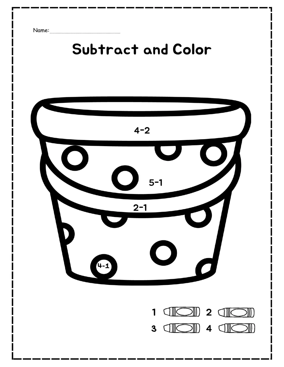 Black-and-white Subtract and Color: students solve 4-2, 5-1, 2-1 and 4-1 on a bucket; key has blank crayons for 1-4