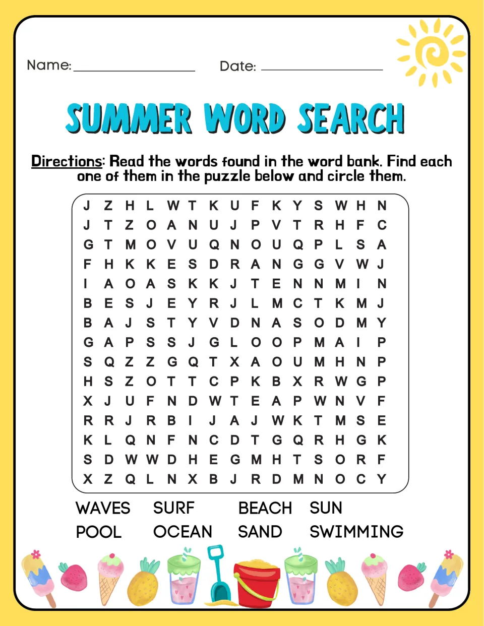 Summer word search 1: students find and circle 8 beach words, including waves, surf, ocean, sand, pool and swimming