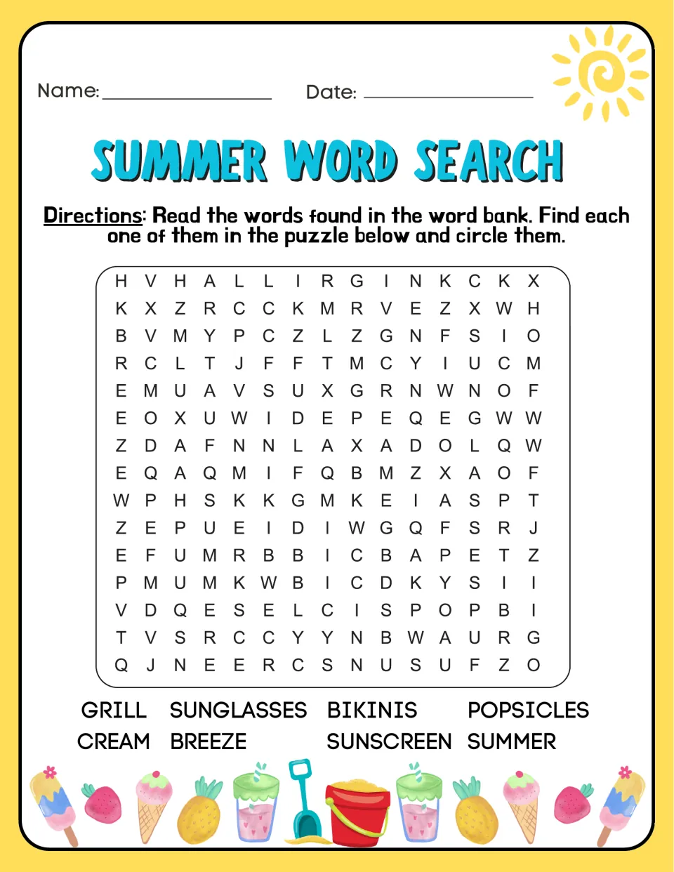 Summer word search 2: students circle 8 hidden words such as sunglasses, sunscreen, popsicles, breeze, grill and bikinis