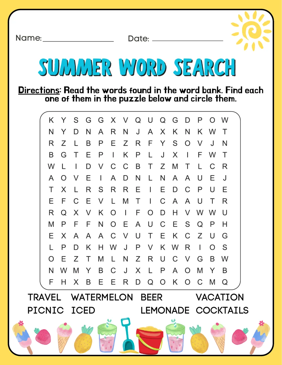 Summer word search 3: students locate 8 food, drink and travel words like watermelon, lemonade, picnic and vacation