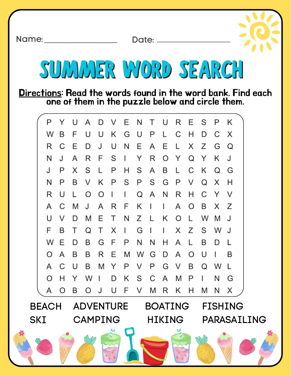 Summer word search 4: students hunt for 8 outdoor activity words such as camping, hiking, boating, fishing and parasailing