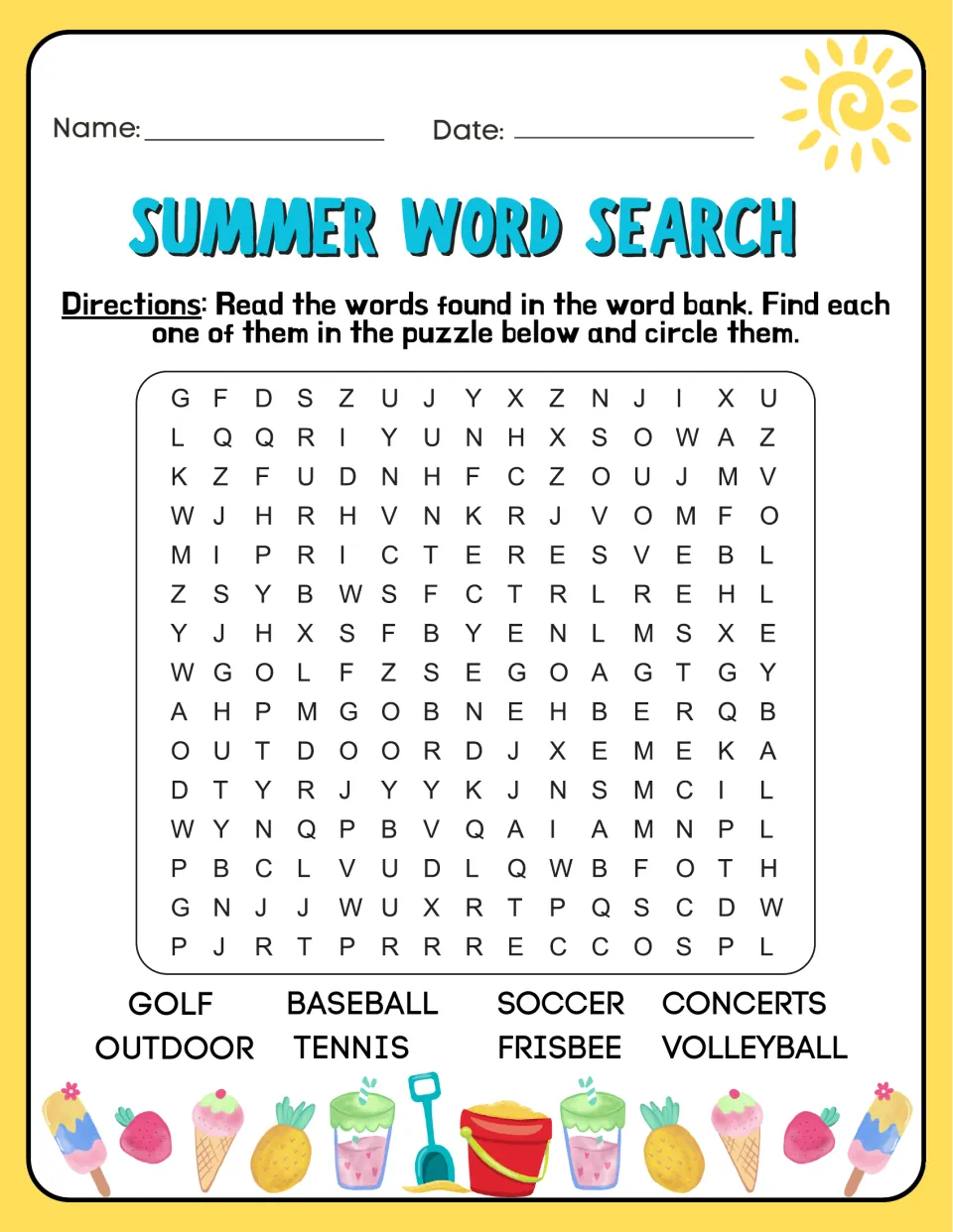 Summer word search 5: students circle 8 hidden words, including golf, baseball, soccer, tennis, frisbee and volleyball