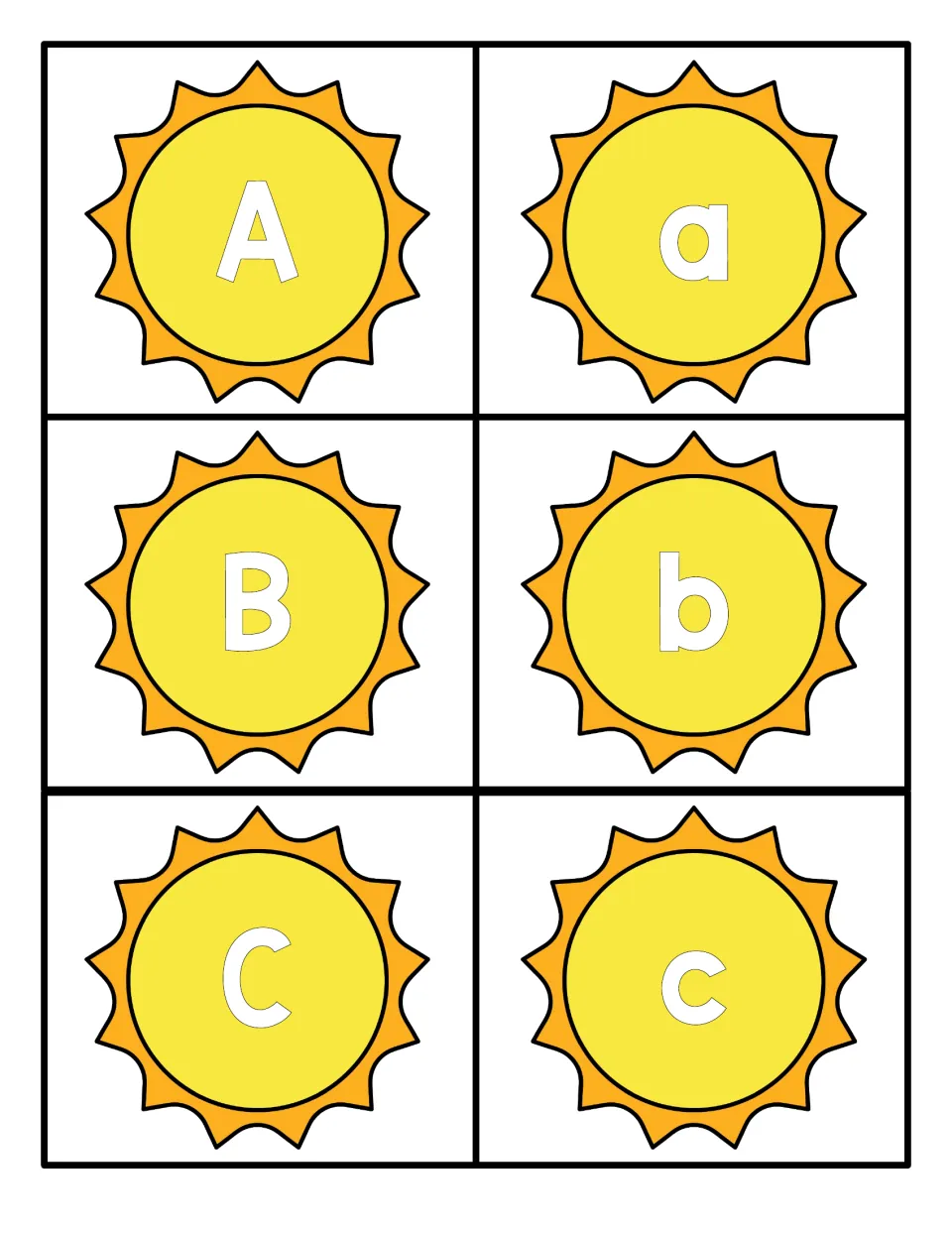 Letters A, B and C: six sun cards pairing each uppercase letter with its lowercase partner for letter recognition