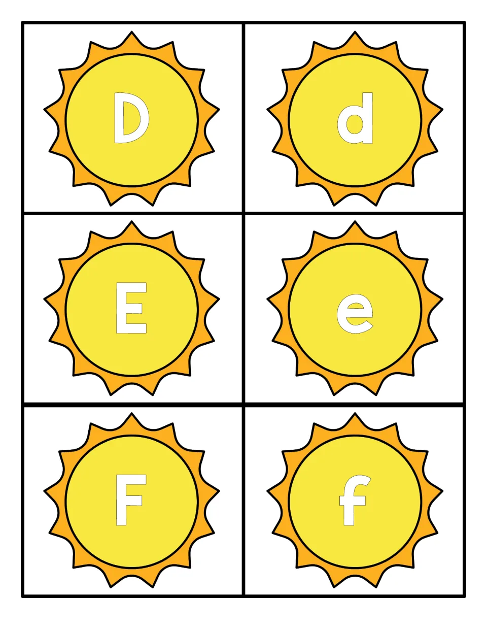 Letters D, E and F on yellow sun cards, capital and small forms side by side, for matching upper and lowercase