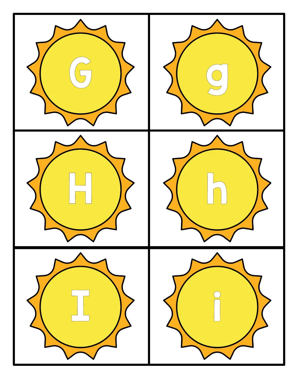 Letters G, H and I: cut-apart sun cards showing each capital next to its lowercase form for letter naming practice
