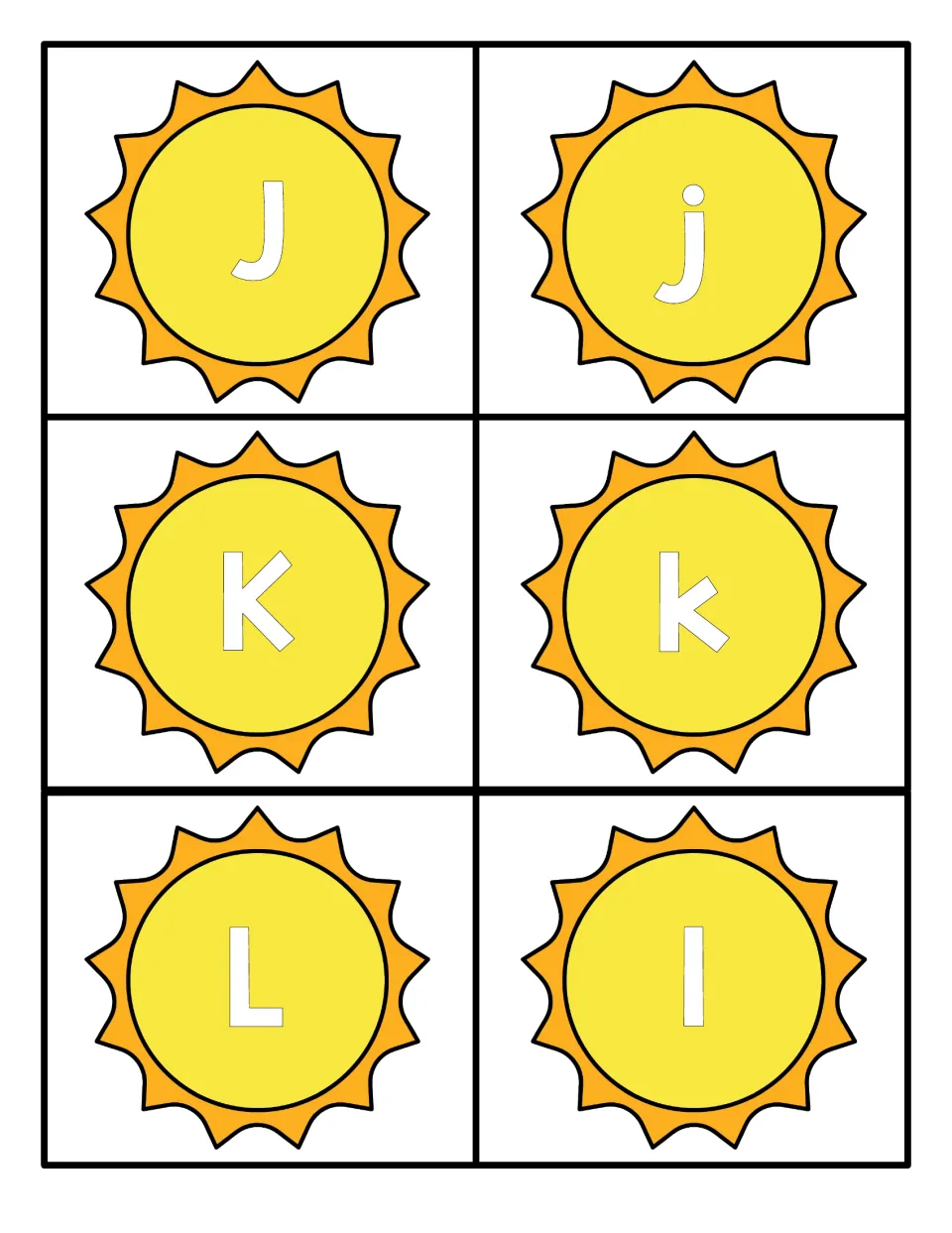 Letters J, K and L printed in white on orange-rayed suns, one capital and one lowercase card each, for pairing letters