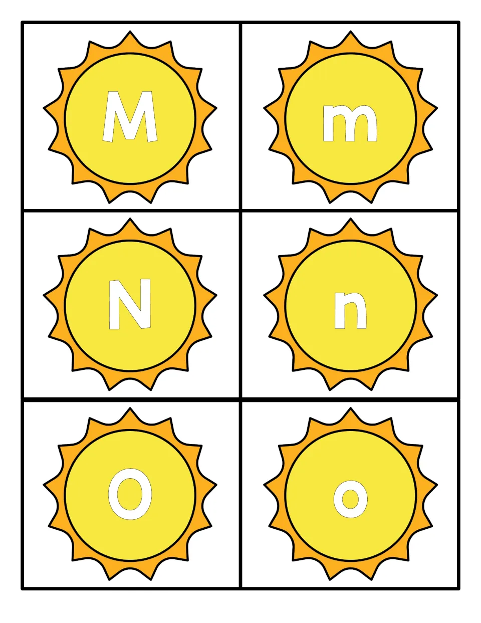Letters M, N and O: sun flashcards with each uppercase letter beside its lowercase match for alphabet identification