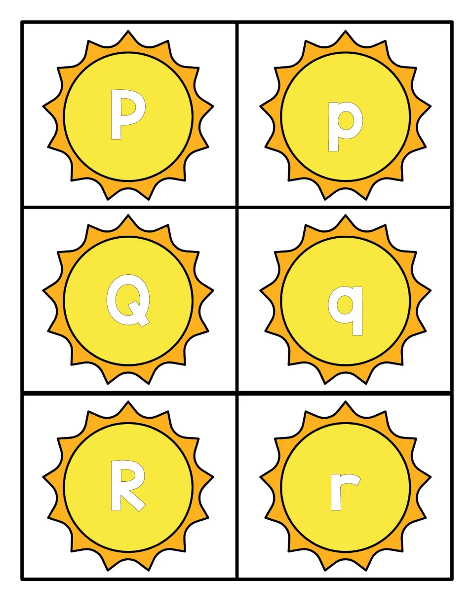 Letters P, Q and R on sunshine cards in capital and lowercase pairs, including the look-alike letters p and q