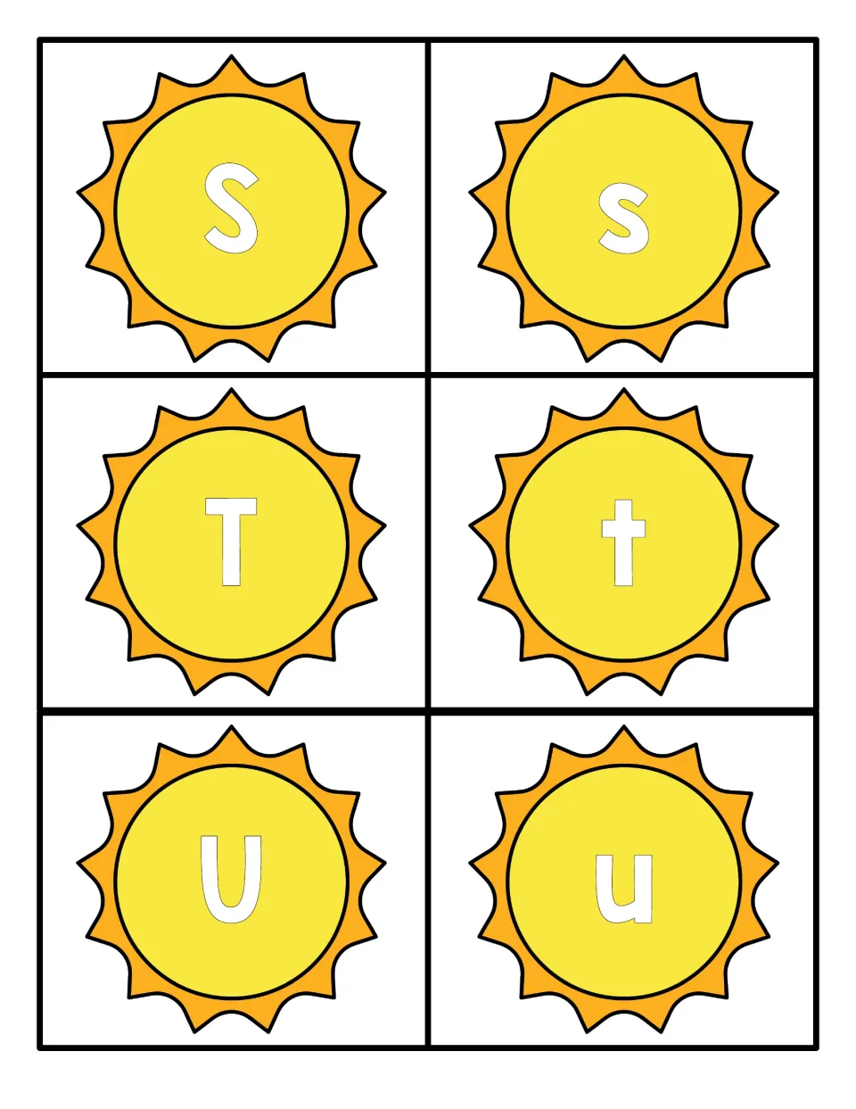 Letters S, T and U: six summer sun cards, each capital with a matching lowercase card, for letter name review