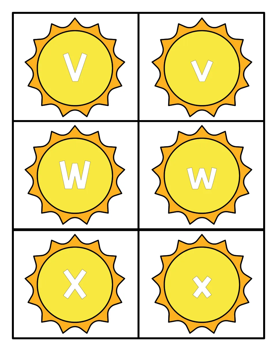 Letters V, W and X shown on bright sun cards as uppercase and lowercase pairs so children can match the two forms