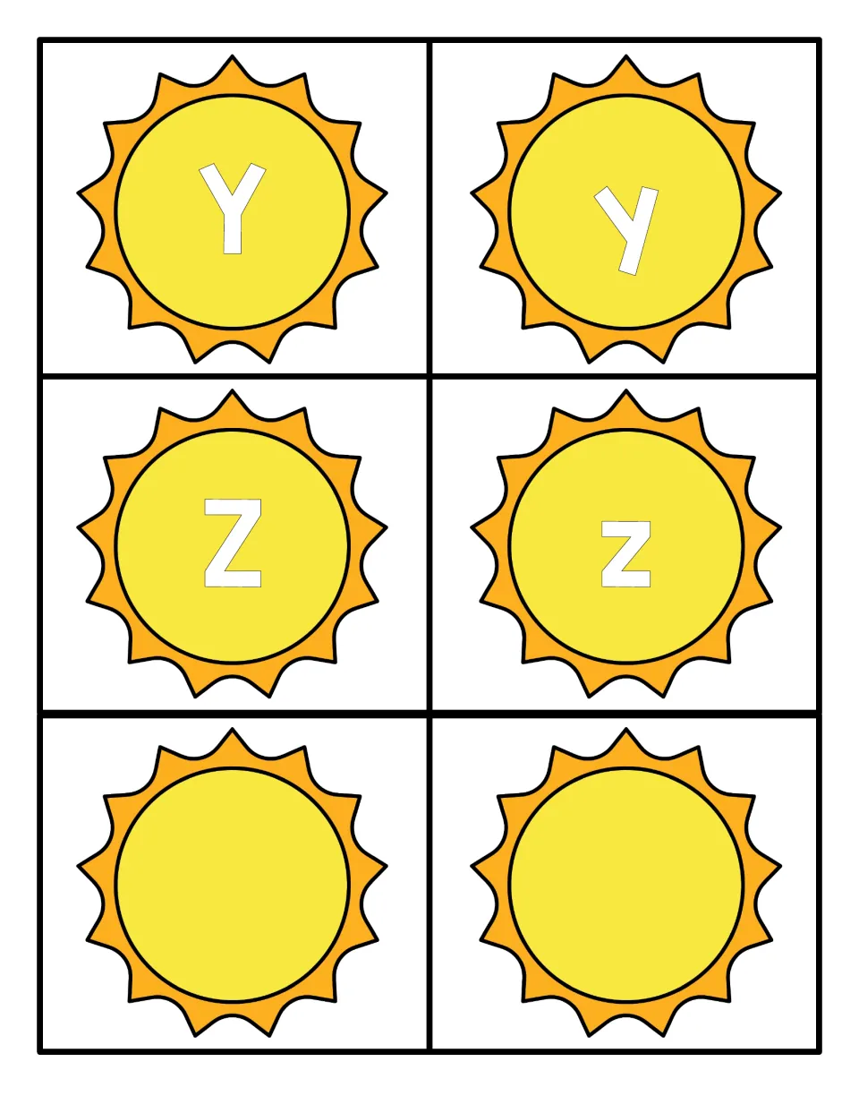 Letters Y and Z on sun cards in capital and lowercase pairs, plus two blank suns that can be filled in or used as spares