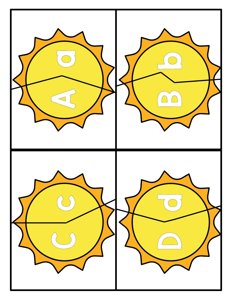 Letters A to D: four sun puzzles split in two, so students match uppercase A, B, C, D to lowercase a, b, c, d