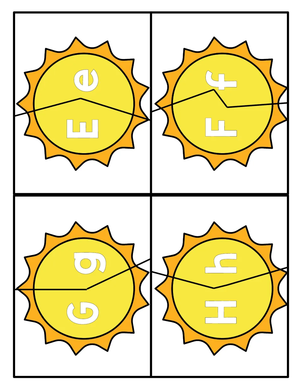 Letters E to H: two-piece sun puzzles where students join capital E, F, G, H with the matching lowercase e, f, g, h