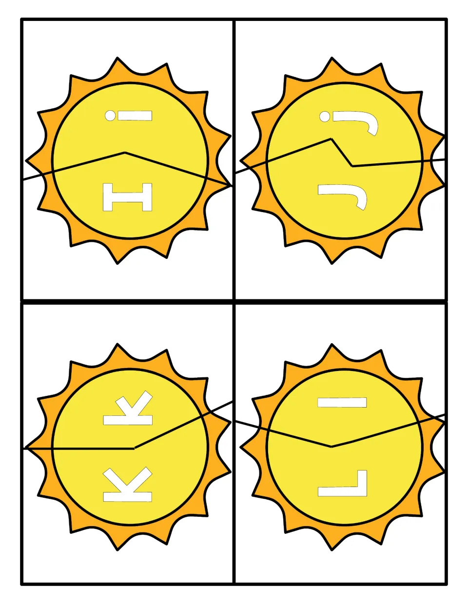 Letters I to L: sun puzzles cut into two halves for pairing uppercase I, J, K, L with lowercase i, j, k, l