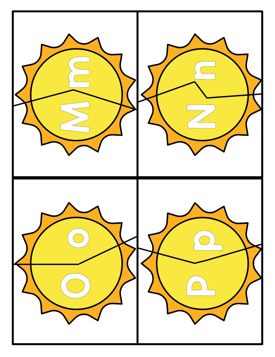 Letters M to P: split sun puzzles for matching capital M, N, O, P to lowercase m, n, o, p by fitting halves together
