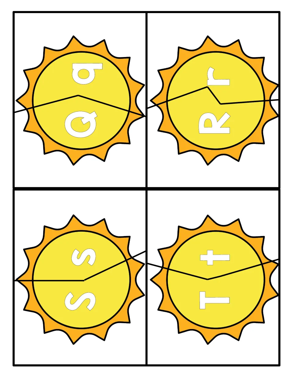 Letters Q to T: sun puzzles in two pieces so students pair uppercase Q, R, S, T with lowercase q, r, s, t