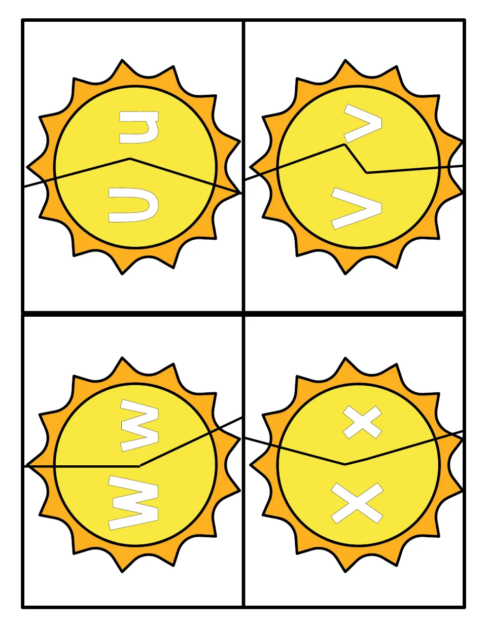Letters U to X: two-part sun puzzles for matching capital U, V, W, X with lowercase u, v, w, x along the cut line