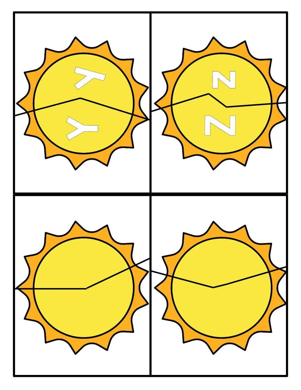 Letters Y and Z: sun puzzles to match uppercase Y, Z with lowercase y, z, plus two blank suns with cut lines