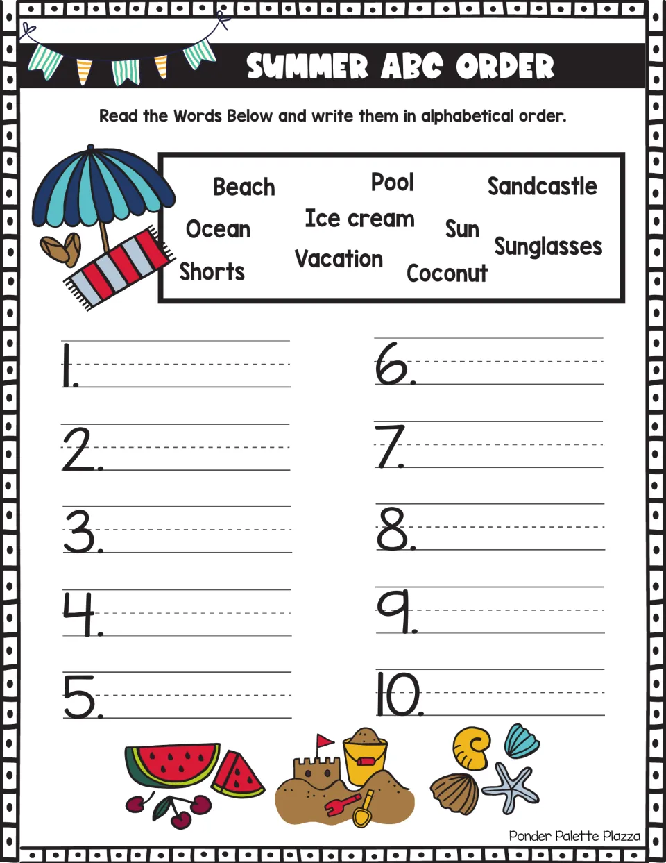 Summer ABC order: students write 10 beach words like Beach, Ocean, Sunglasses and Coconut in alphabetical order