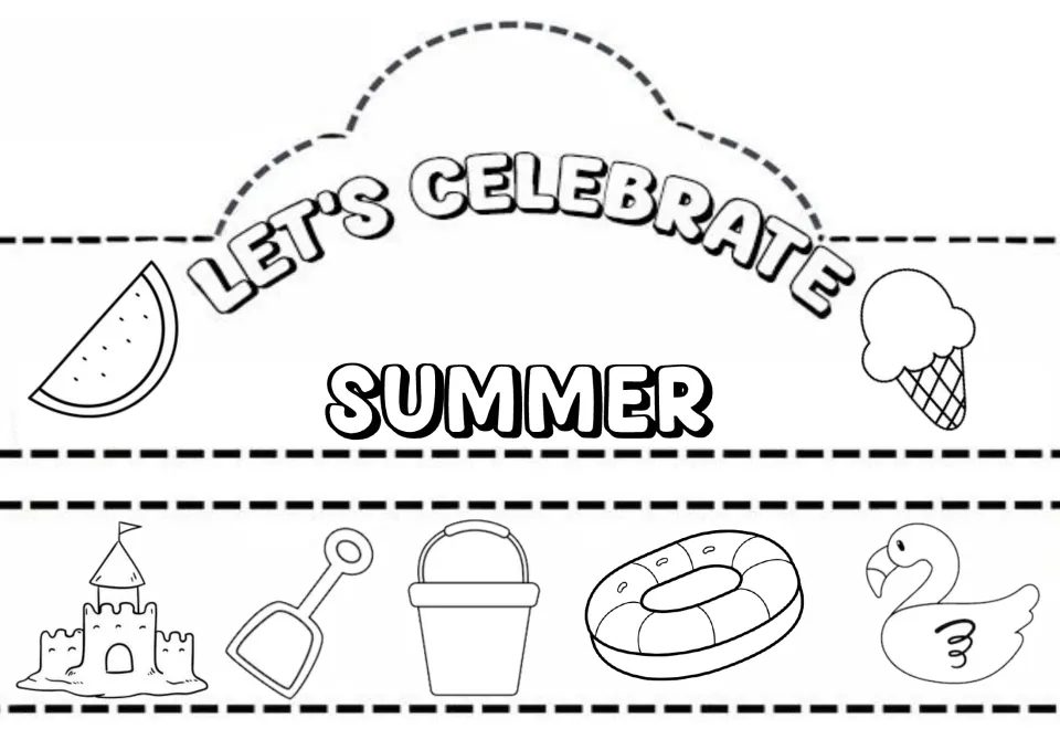 Let's Celebrate Summer crown to color and cut: watermelon and ice cream on the front, sandcastle, pail and flamingo band