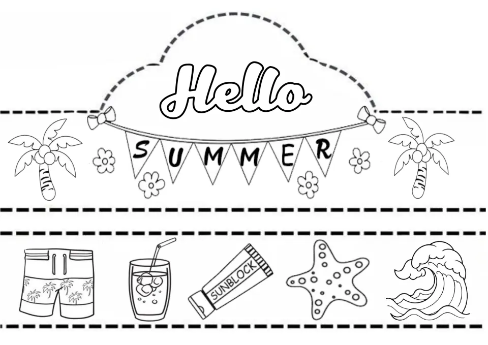 Hello Summer crown with a SUMMER pennant banner and palm trees; band shows swim shorts, drink, sunblock, starfish, wave