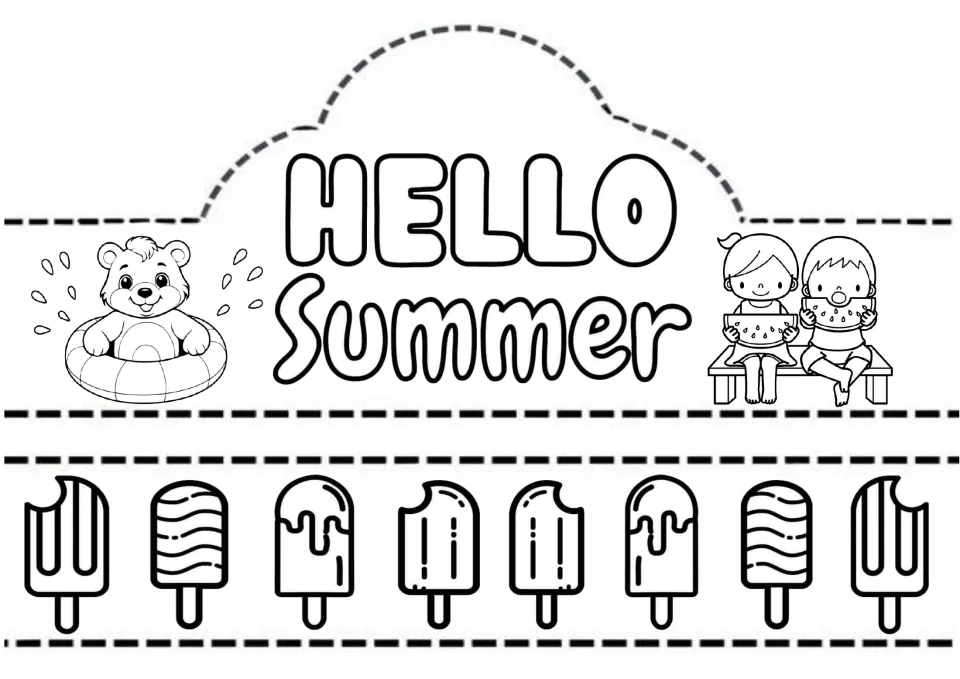 HELLO Summer crown with a bear in a swim ring and two kids eating watermelon; its band strip holds eight popsicles