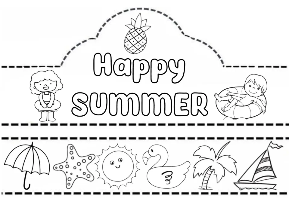 Happy SUMMER crown with pineapple and kids in swim rings; band of umbrella, starfish, sun, flamingo, palm tree, boat