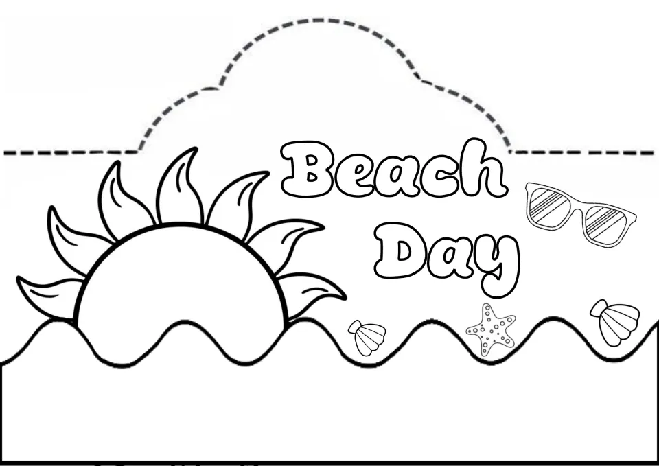 Beach Day hat to color and cut: a large sun rising over wavy water, with sunglasses, seashells and a starfish