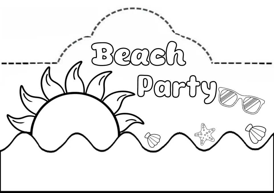 Beach Party hat to color: a sun over waves plus sunglasses, two seashells and a starfish, with dashed cutting lines