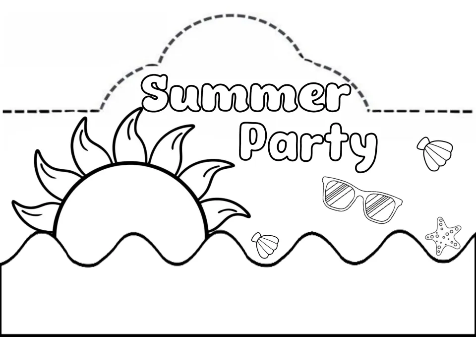 Summer Party hat to color: a half sun rising over waves beside sunglasses, seashells and a starfish