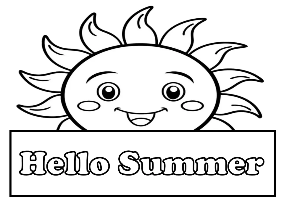 Hello Summer sun topper to color: a smiling sun face with rosy cheeks peeking over a Hello Summer sign