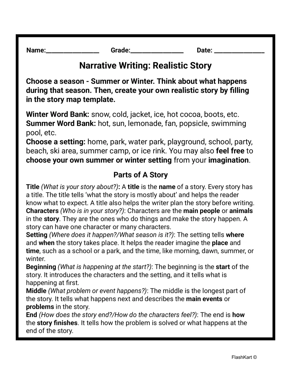 Realistic narrative story directions: students pick summer or winter, use word banks and settings, and read story parts