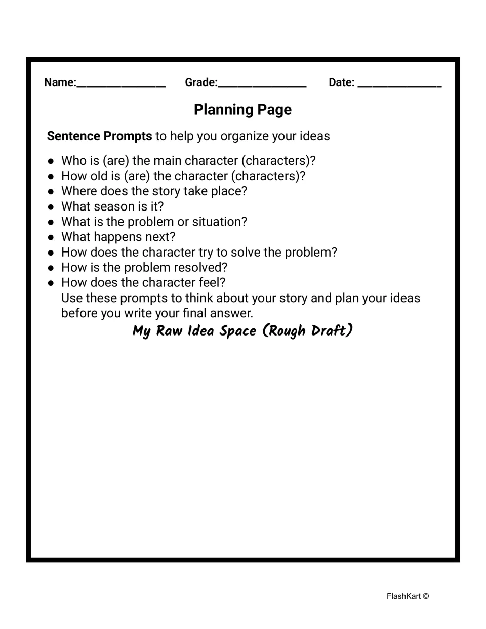 Story planning page: students answer nine prompts on character, setting, season, problem and feelings, then jot ideas