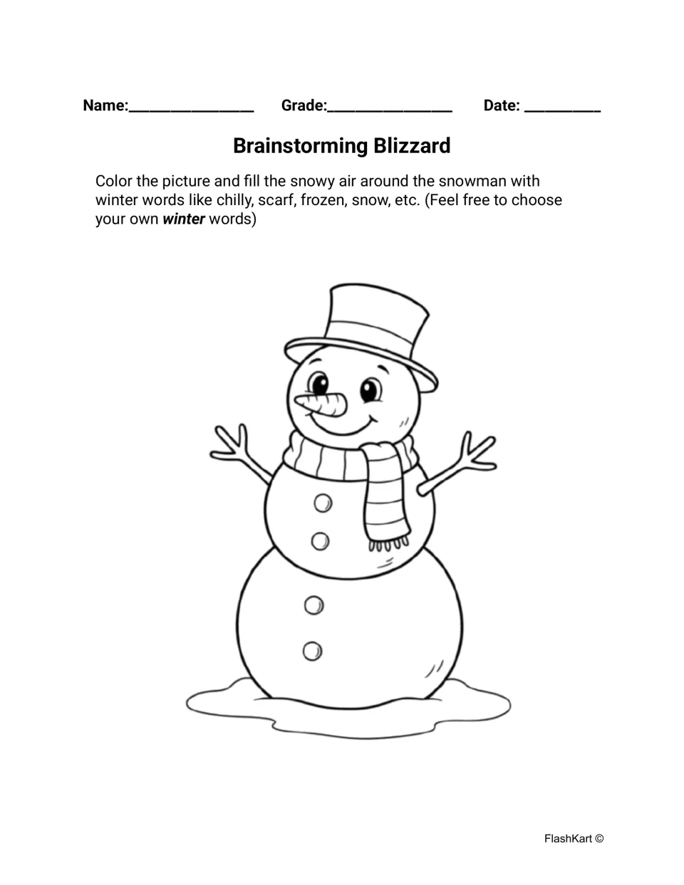 Brainstorming Blizzard: students color a snowman and write winter words like chilly, scarf and frozen around it